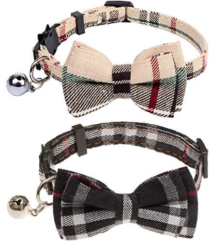 Cute Bowtie Cat Collar Breakaway with Bell 2 Pack Plaid Collar Set for Kitty Puppy Adjustable 7.8-10.2"