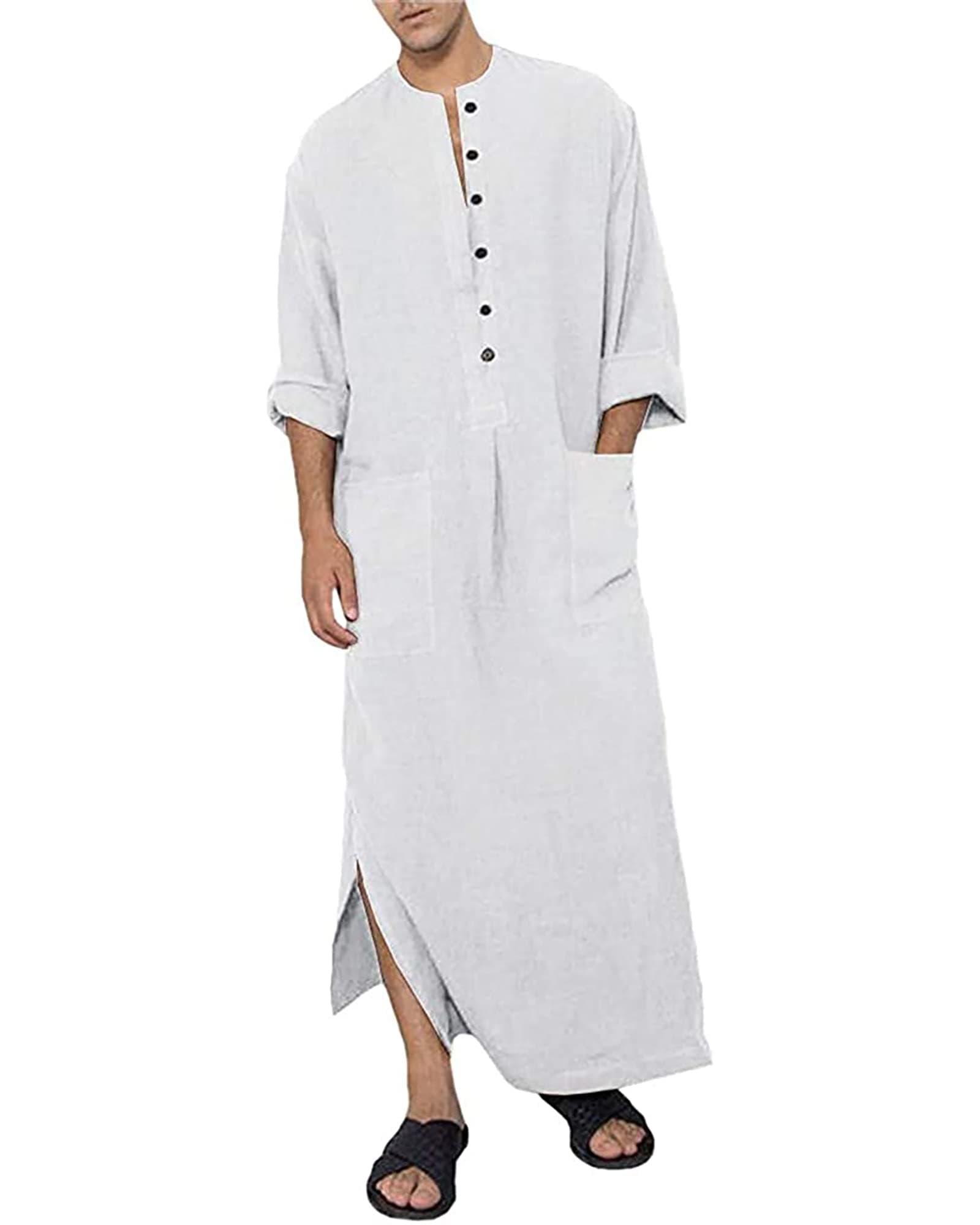 YAOHUOLEMen's Long Sleeve Robe Side Split Kaftan Thobe with Pockets Long Gown Button Up Casual Shirt