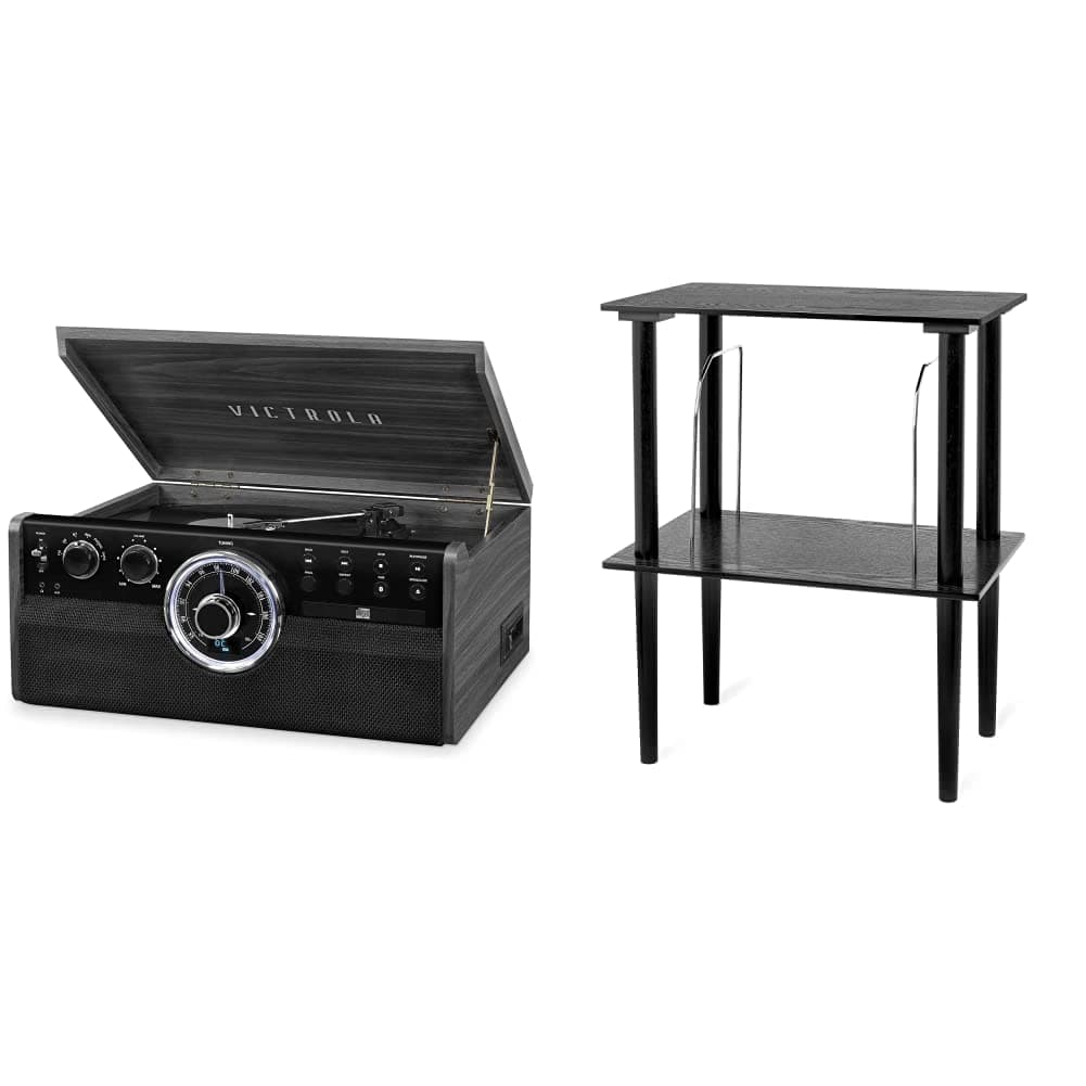 Mid Century 6-in-1 Bluetooth Record Player & Multimedia Center & Wooden Stand for Wooden Music Centers with Record Holder Shelf, Black