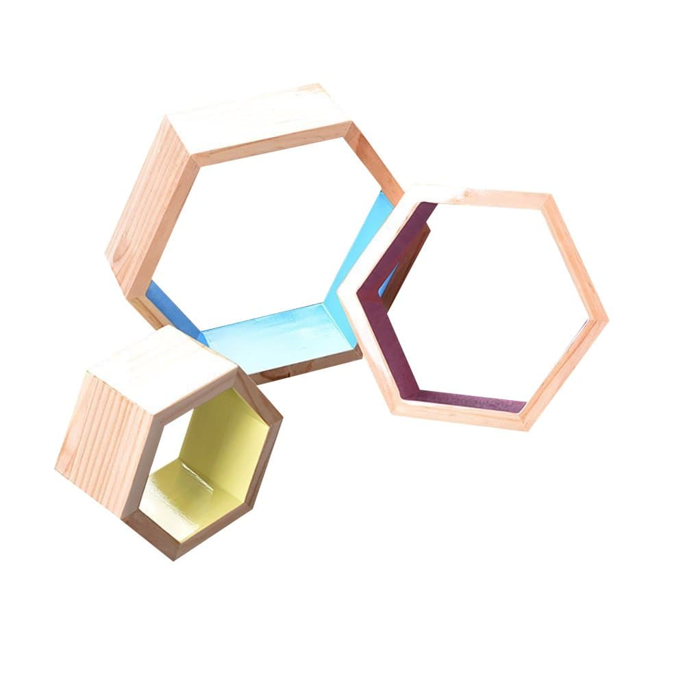 Newspaper stand Hexagon Wall Shelf Corner Shelf Wall Mount Floating Shelf TV Background Wall Decorative Frame (DIY assembly&Load 20KG) A+ (Color : Wood)