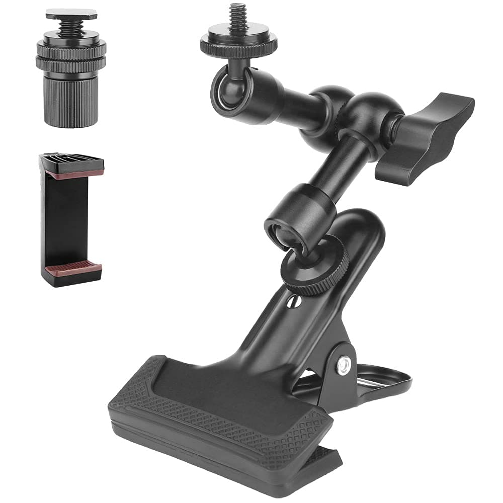 JEBUTU Camera Clip, Magic Arm, 5.5 Inch with Smartphone Holder, Strong Clip, Photography, Camera Arm, Ball Head, 360°, Camera Mount, Shoe Mount, Camera Arm, Clamp, Can Hold Anywhere, Compatible with Smartphones, Webcams, Video Lights, Ring Lights, Mirrorless Action Cameras, 1/4 Screws, Camera Stand, Maximum Load Capacity 2.2 lbs (1 kg), Reinforced Aluminum