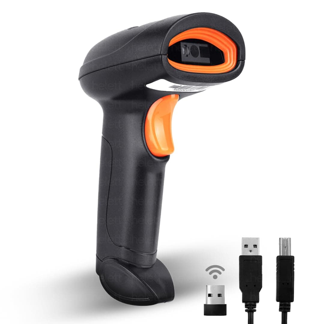 Helett® HT20 Wireless 2.4GHz 2D & 1D Barcode Scanner (QR Code & Barcode) Wired & Wireless(Rechargeable) Connectivity | Induction Scanning with Built-in Illumination Light |Strong ABS(Black)