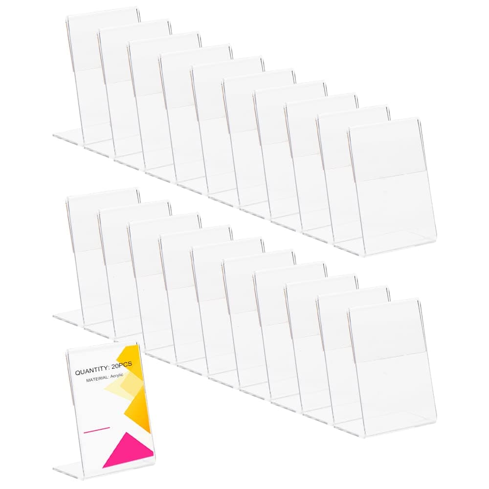 Daboza 20pcs Acrylic Sign Holder, Clear Tabletop Plastic Menu Display Holder, Slant Back Acrylic Sign Holders, L Shape Clear Mount Sign Holder