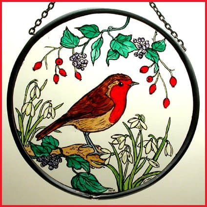 Robin with Snowdrops 6" diameter hand painted Window Roundel hanging stained glass decoration Sun light catcher