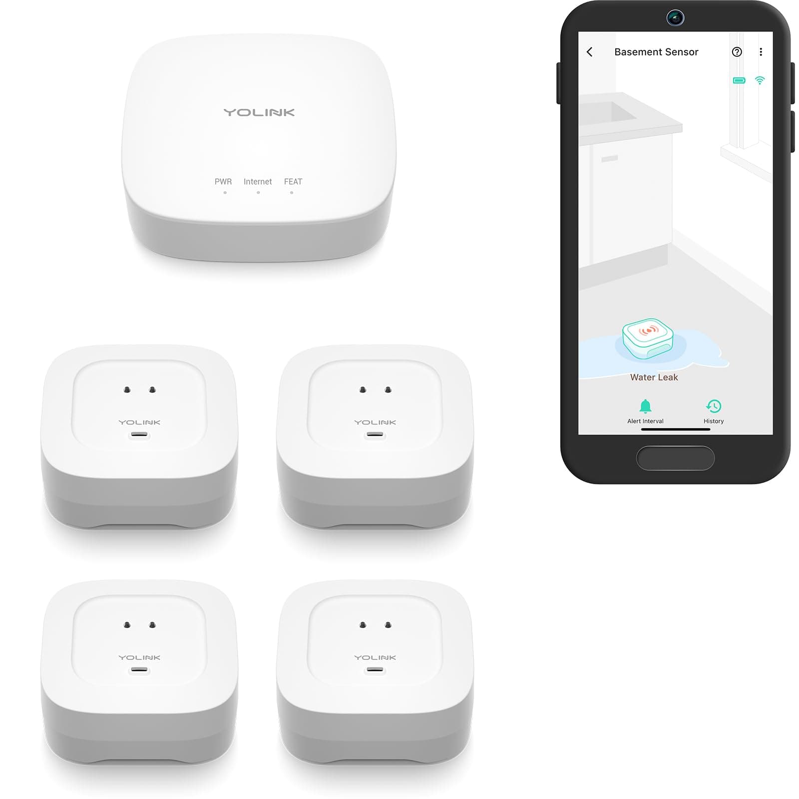 Water Leak Starter Kit: Hub + 4 Leak Sensor 4 (105 dB Siren), LoRa Long-Range, App/SMS/Email Alerts, D2D Offline, 2 AAA Up to 5-Year Battery, Compatible with Alexa/IFTTT/Home Assistant