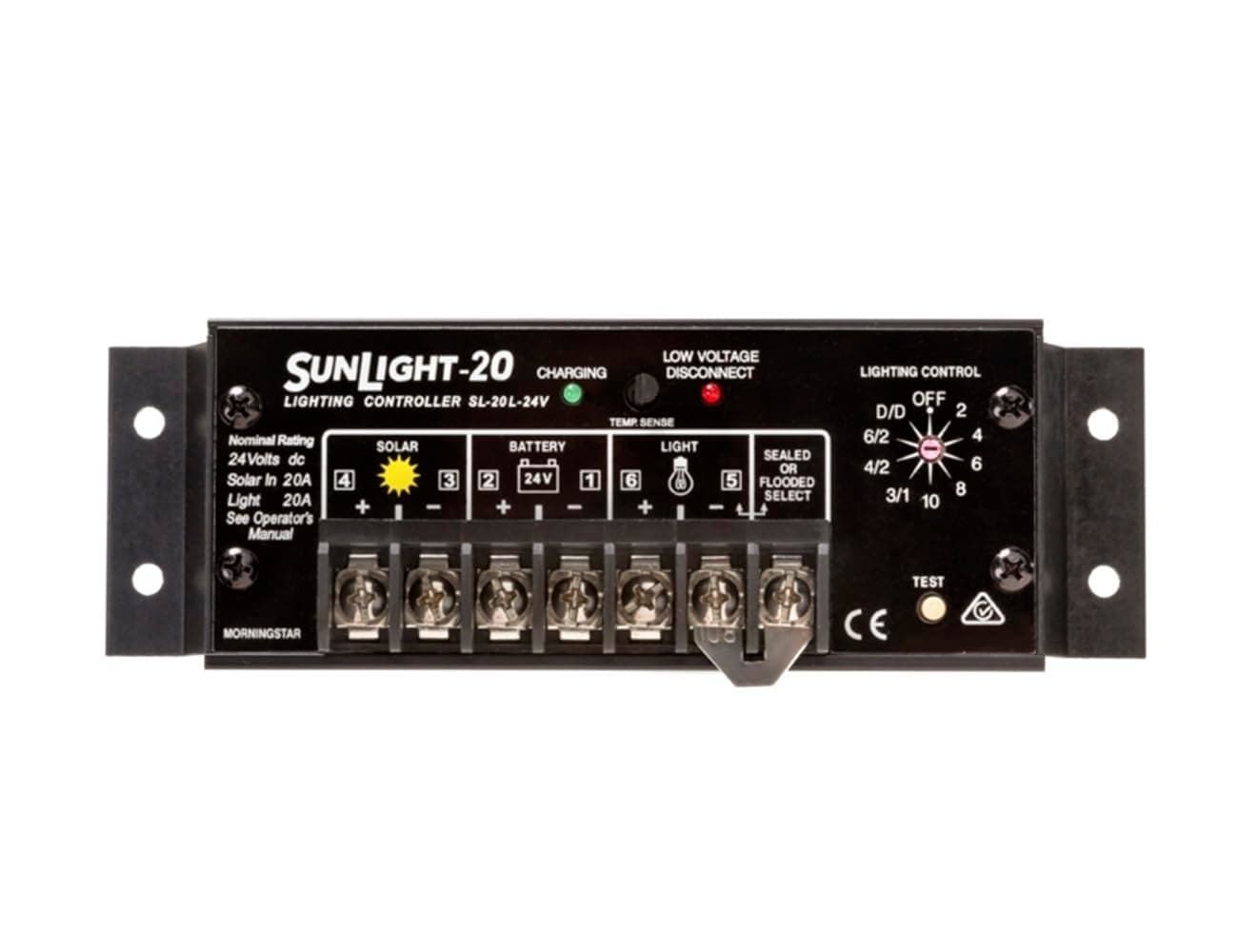 Morningstar Sunlight 20A Solar Charge Controller (SL-20L-24V) - Solar Panel Regulator for 24 Volt Batteries, Lighting Ctrl, Easy Setup, Corrosion Resistant Terminals, 5 Year WTY - Designed in The USA