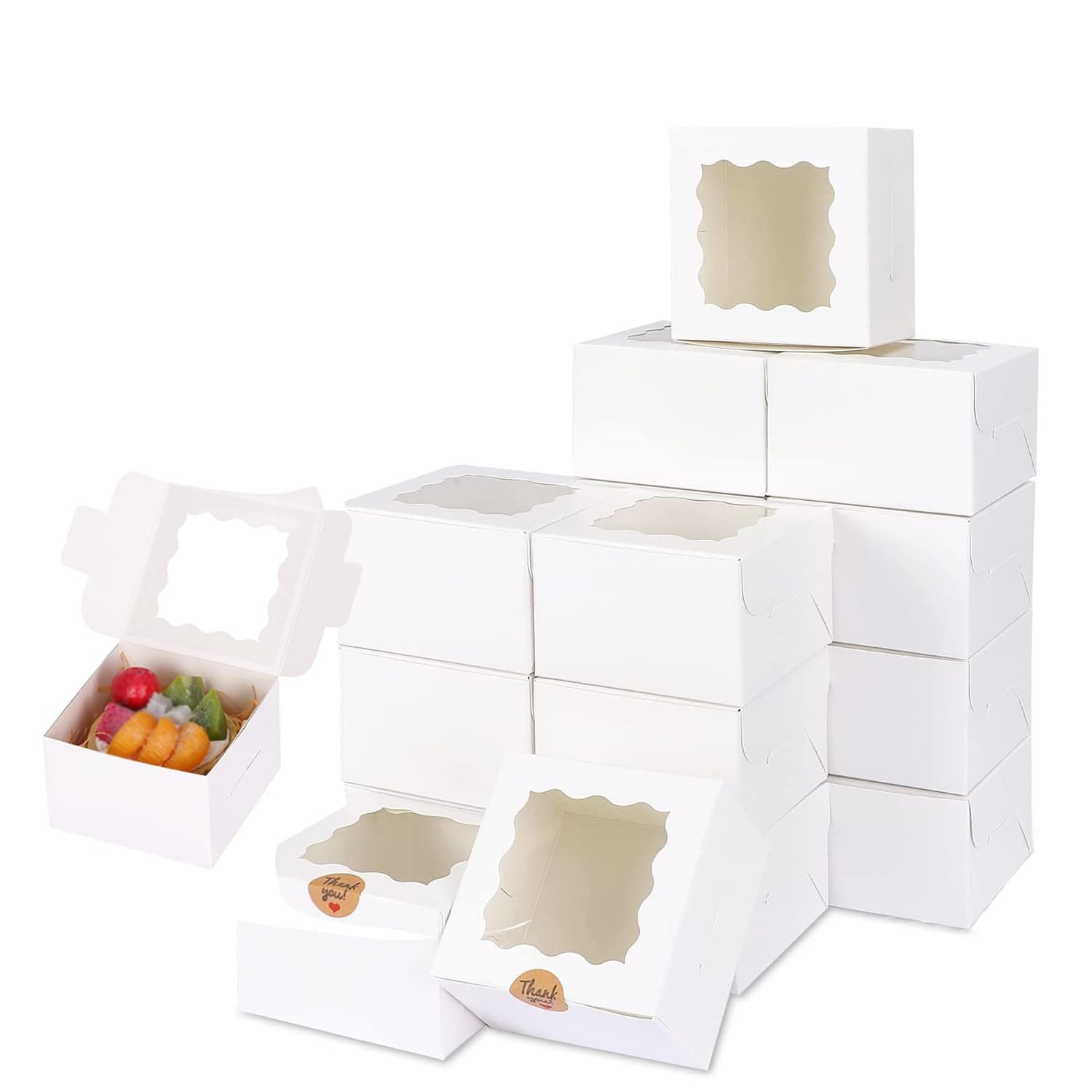 Joyzzz Bakery Boxes, 30 Pack 10.2x10.2x6.7cm of Bakery Boxes with Window, Mini Cake Boxes, Paperboard Treat Boxes for Cookies, Small Treat Boxes for Cookies, Pastry, Cookies, Macarons (White)