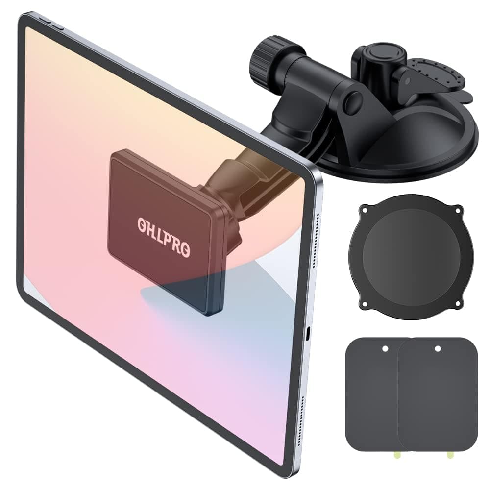 OHLPRO Dashboard Magnetic Tablet Holder for Car, Windshield iPad Car Phone Suction Cup Mount with Magnets, for All 6"-11" Apple Phones iPad Samsung Galaxy Tab Tablet, 360° Rotation, Black