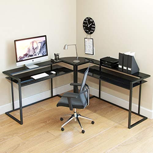 Ryan Rove Belmac 3 Piece L Shaped Computer Desk - Home and Office Corner Organizer with Side Table and Keyboard Tray - Laptop, Monitor, Books - Black Glass