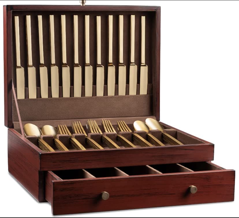 Tarnish-Free Silverware Storage Box with Drawer, 15" x 11" Flatware and Utensil Organizer for Kitchen, Elegant Wooden Décor for Dining Room (Flatware Not Included)