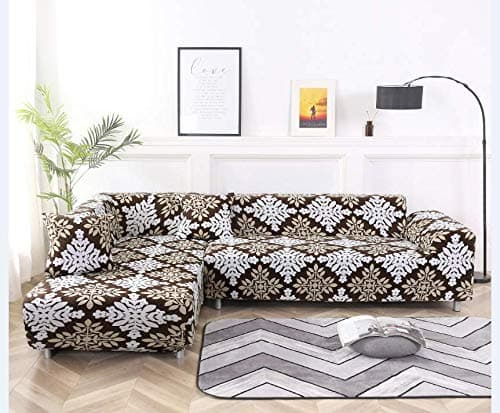 OSISLE High Elastic Printing Polyester L-Shaped Sofa Cover Non-Slip Sofa Cover; 2PCS Elastic Sleeve Sliding Cover + 2 Pillow Cases(L-Shape 3+2 Seats) (BC015)