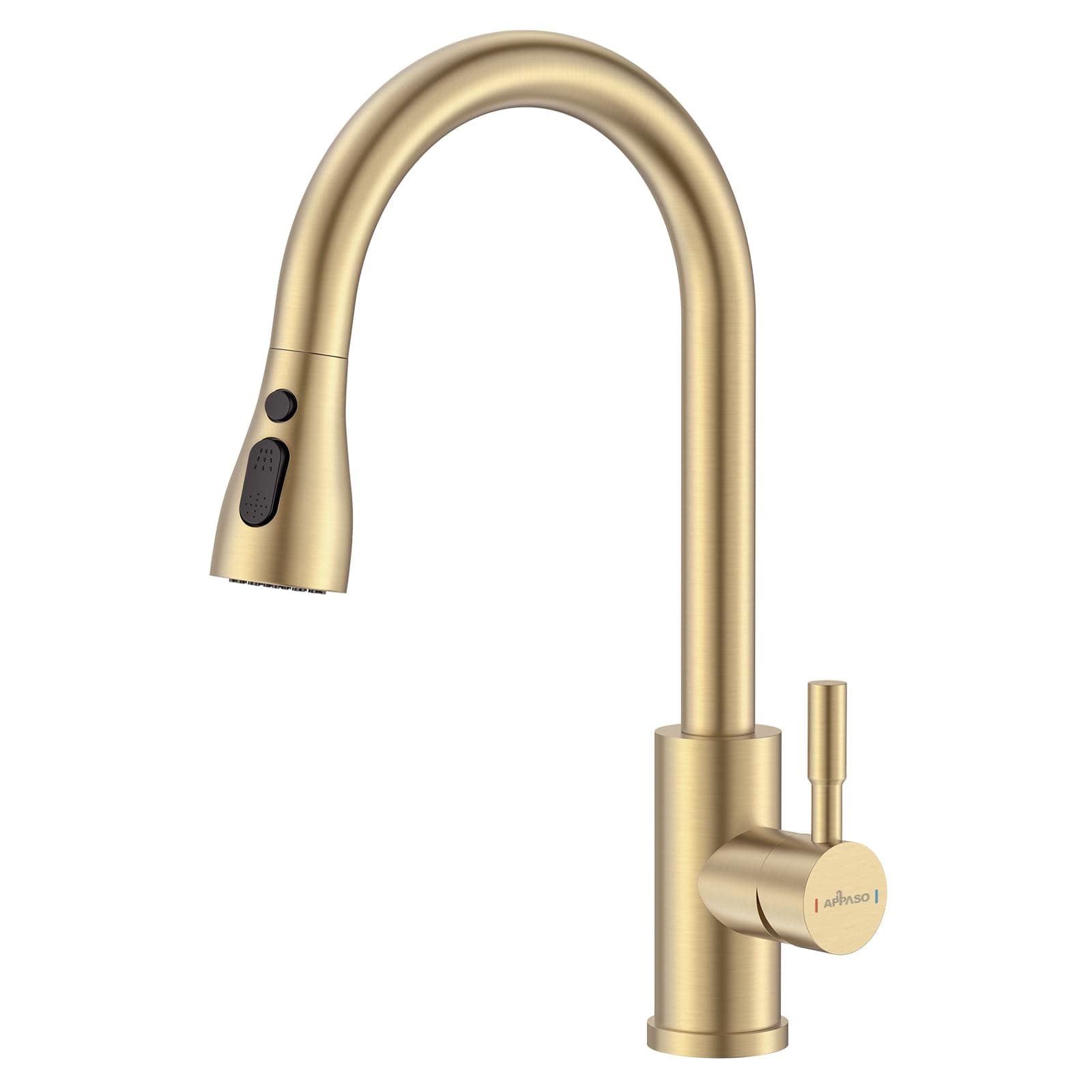 APPASO Gold Kitchen Tap, Sink Taps Mixer with Pull Out Spray, Mixer Tap with 3 Spary Modes, 360° Swivel Single Handle Mixer Tap for Kitchen Stainless Steel Brushed Gold