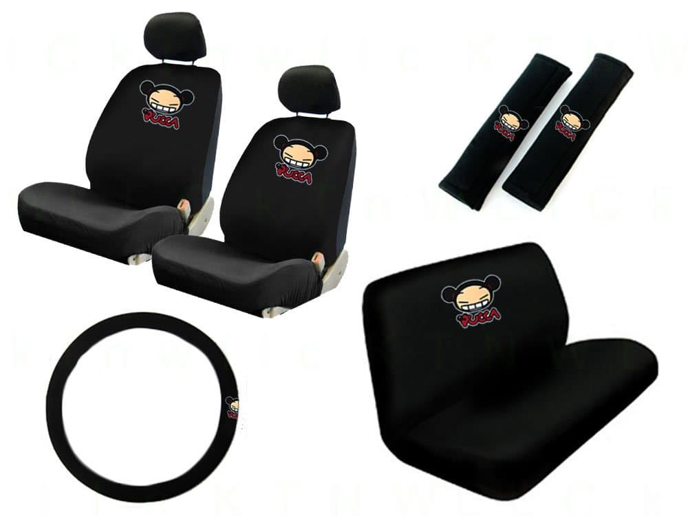 11 Pieces Auto Seat Covers Gift Set: 2 Low Back Front Bucket Seat Covers with Separate Headrest Cover, 1 Steering Wheel Cover, 2 Shoulder Harness Pressure Relief Cover, and 1 Bench Cover - Pucca Happy Face