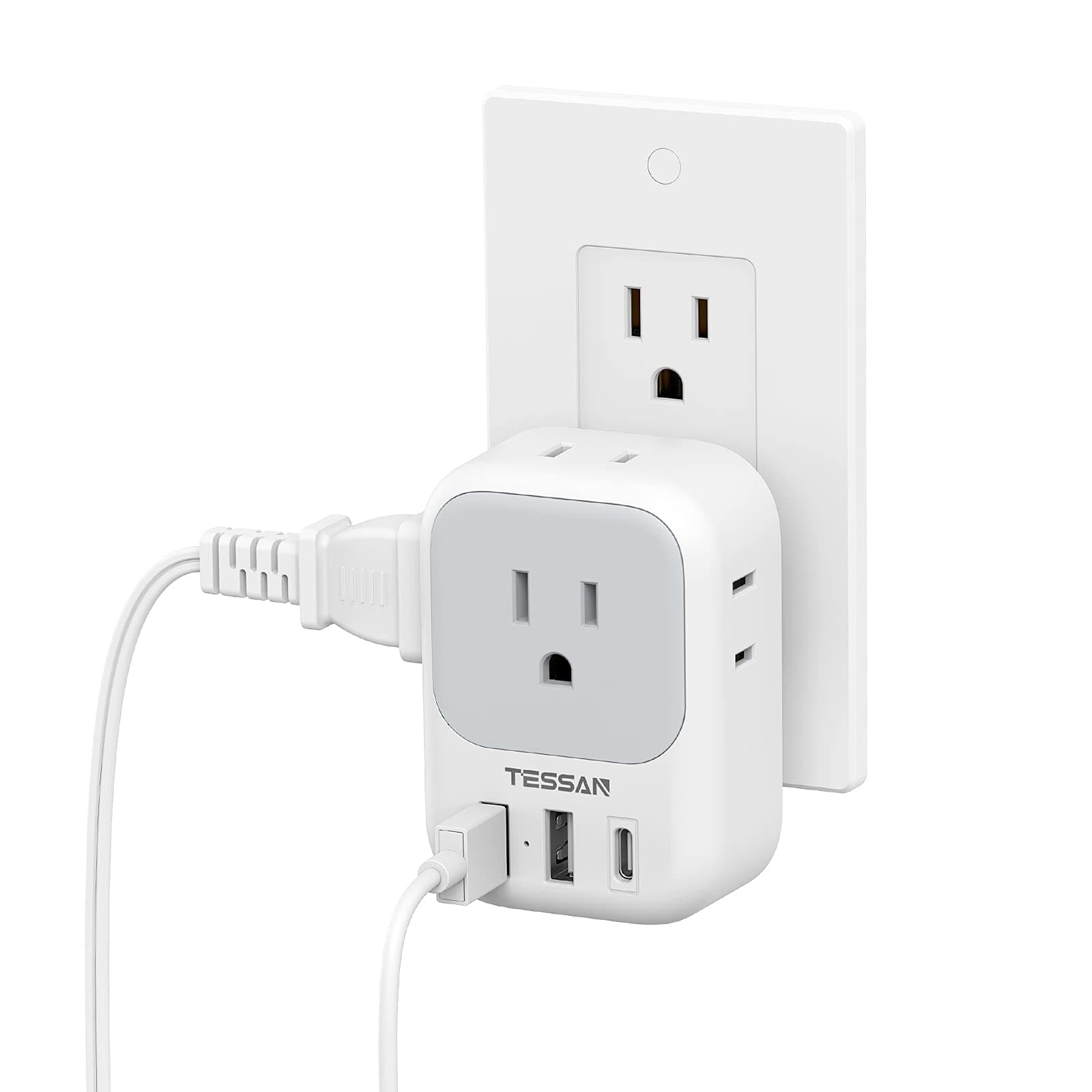 USB Wall Charger, Wall Plug Adapter Outlet Extender, TESSAN 3 Charger Block (1 USB C Port), Multi Charging Station for Cruise, Bathroom, Office, Dorm Essentials