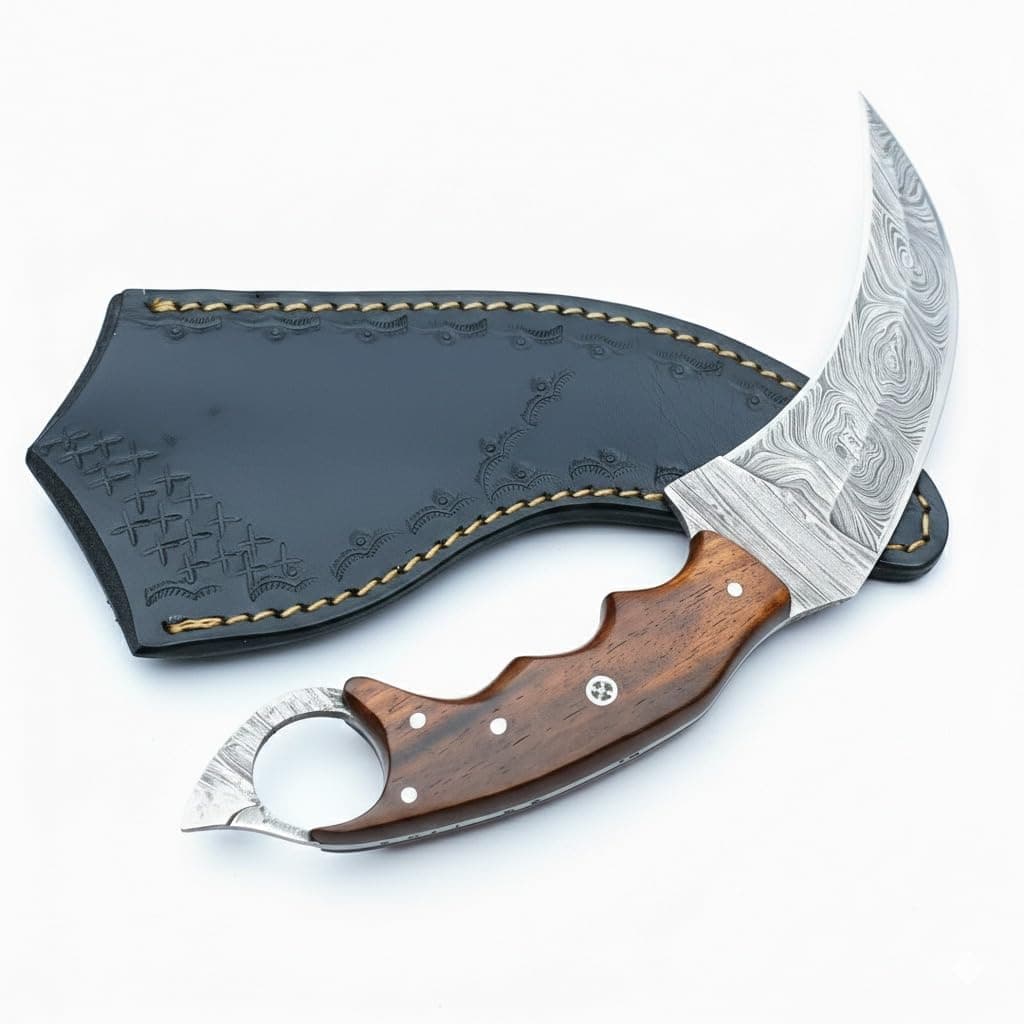 Warivo Handmade Damascus Karambit Knife, Fixed Blade Hunting & Camping Claw Knife with Sheath, Wood Handle, Sharp Outdoor Knife for Men & Women