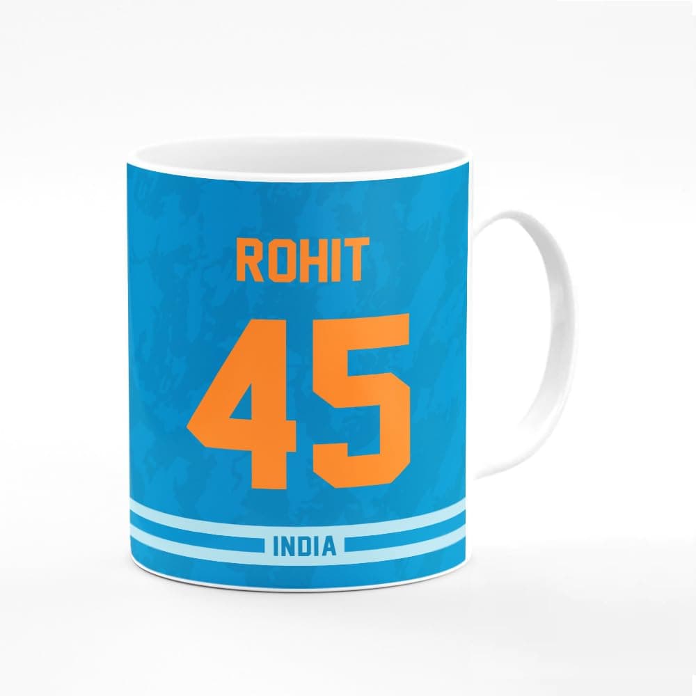 Stylizedd Designer Printed Coffee Mug with Heavy Duty Handle 11oz Ceramic Personalised Gift Mugs Cup [Microwave Safe & Dishwasher Proof ] - Cricket Player - Rohit Sharma, Jersey Number - 45