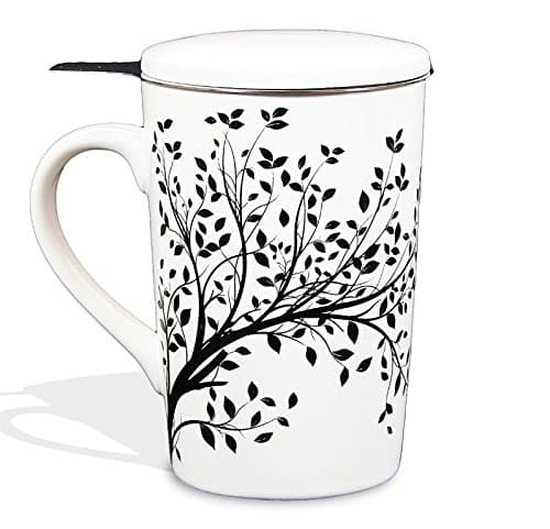 Tea Mug With Infuser and Lid, Contemporary Single Cup Tea 12.8 ounce, Tea For One Set With Stainless Steel Brewing Basket For Loose Leaf Tea, Tea Gifts, Ding Ware Porcelain (Black Tree)