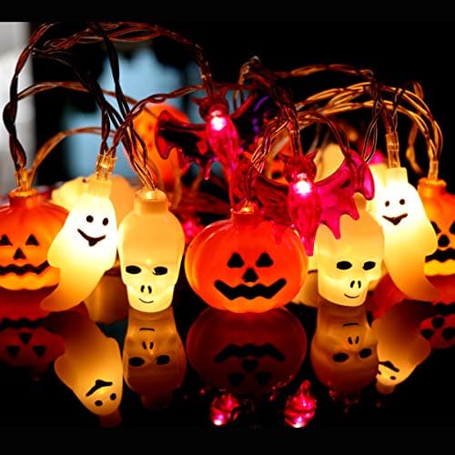 HASIBEN Halloween Decorations, 11ft 20 Halloween Lights String with 4 Different Shapes and mixes - Ghosts, Orange Jack O'Lanterns, Purple Bats, Skull Lights（Multicolor）