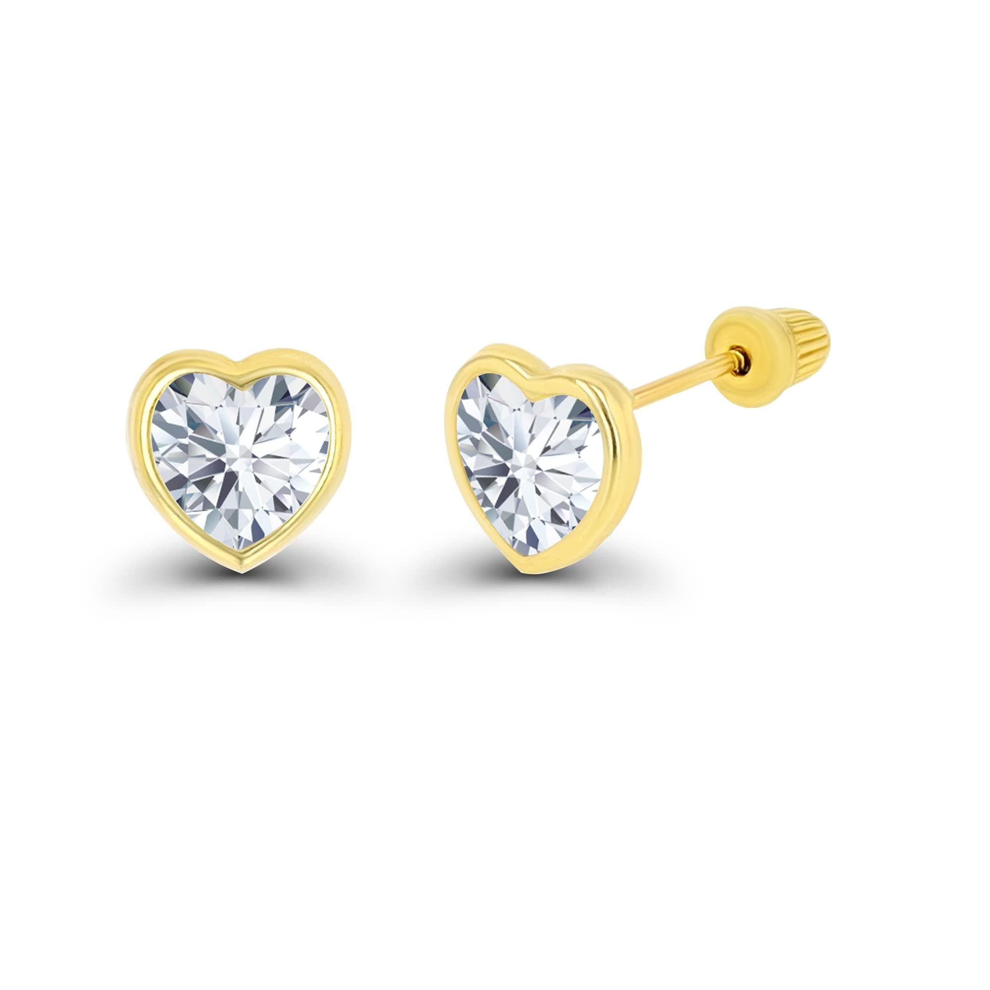 DECADENCE 14K Yellow Solid Gold Diamond Cut 6mm Heart Bezel Stud Earrings | Yellow Gold | 6x6mm | Stud Earrings | Heart Bezel | Solid Gold | 2 Count | 2.5 cttw | Cubic Zirconia