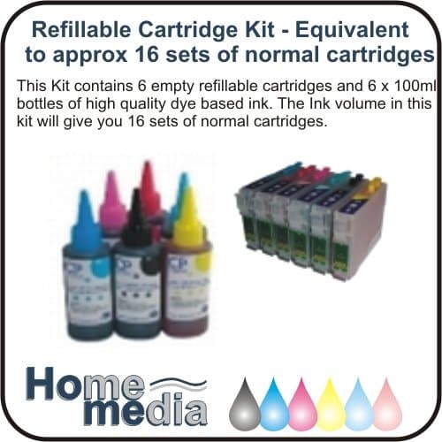 T0807 - Refillable Cartridge Kit used to replace Epson T0807 Multipack Cartridges. The Kit Consists of 6 Empty Refillable Cartridges and 6 x 100 ml bottles of High Quality Dye Based Ink, To Fit Epson Printer Models R265, R285, R360, P50, RX560, RX585, RX685, PX650, PX660, PX700W, PX710W, PX720X, PX800FW, PX810FW, PX820FW