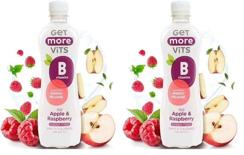 Vits - B Vitamins Still Apple & Raspberry Flavoured Spring Water (12 x 500ml), Supports Energy Release, Tackle Tiredness & Fatigue, Natural Flavours, Sugar Free, Low Calorie, Vegan