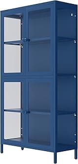 Yoluckea Glass Cabinet, 4 Shelves Glass Display Cabinet with 4 Doors, Cold-Rolled Steel Floor Standing Clear Glass Curio Cabinet Collection Storage Cabinet with Adjustable Shelves and Feet Blue