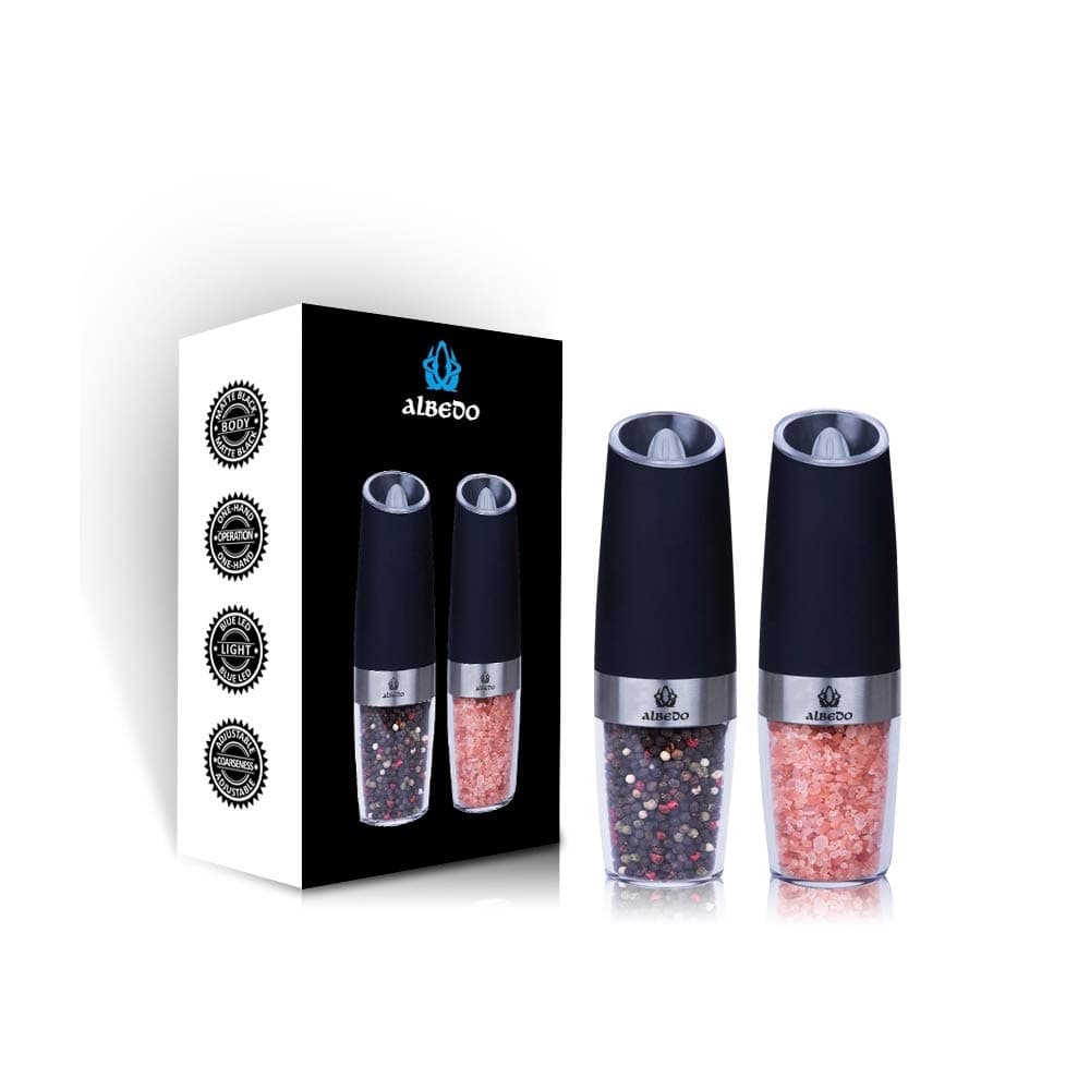 Gravity Electric Salt and Pepper Mill Set with Adjustable Coarseness Automatic Pepper and Salt Mill Battery Powered with Blue LED Light,One Hand Operated by aLBeDo