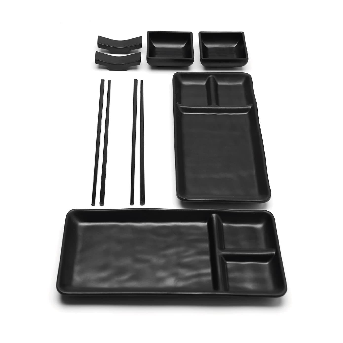 8 Piece Japanese Style Sushi Plate Dinnerware Set - Includes 2 Sushi Plates, 2 Sauce Dishes, 2 Pairs of Chopsticks, 2 Chopsticks Holders (Black)