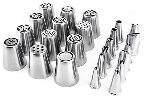 PREMIUM STARTER Cake Decorating Tip Set with 12 Russian Piping Tips & 12 Standard Icing Tips, Great for Beginners. Accessories & Instructions.
