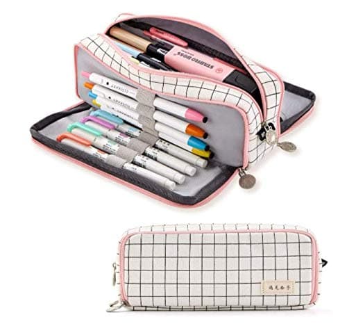 ANGOOBABY Large Canvas Pencil Case with 3 Compartments for Teens Boys Girls Students