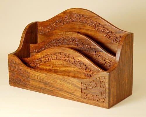 3 Compartment Rustic Carved Wooden Letter Rack