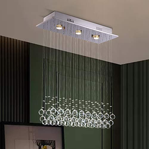 NOXARTE Rectangle Crystal Chandelier Flush Mount Ceiling Light Chrome Finish 3 Lights for Dining Room Kitchen Island Living Room L25 x W10 x H32