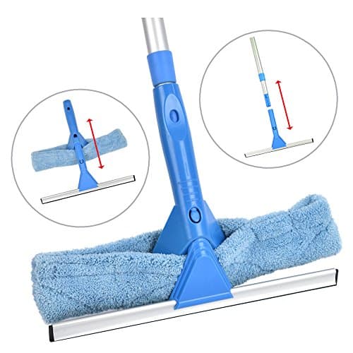 Window Cleaner Tool - 2 in 1 Glass Washer Kit- Microfiber Washing Head- Rubber Hand Squeegee- 53" Long Telescoping Pole- Best for Cleaning Car, Windows, Shower Door, Auto Windshield, RV