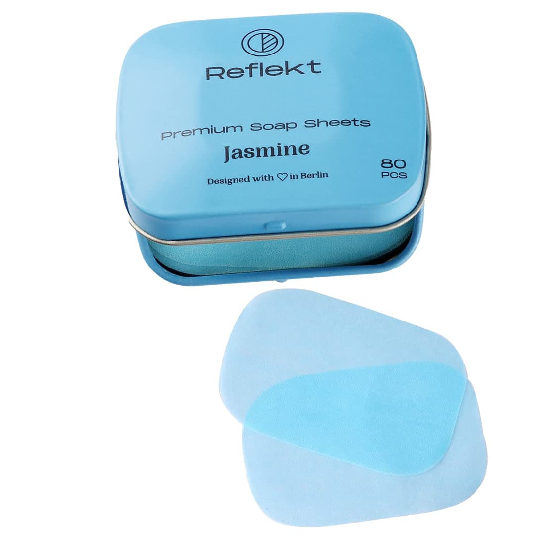 Reflekt Premium Moisturising Paper Thin Hand Soap Sheets in Storage Tin Box Travel Essentials for Men & Women Easy to Carry while Travelling with Zero Waste Plastic Free Strips (Jasmine, Pack of 80)