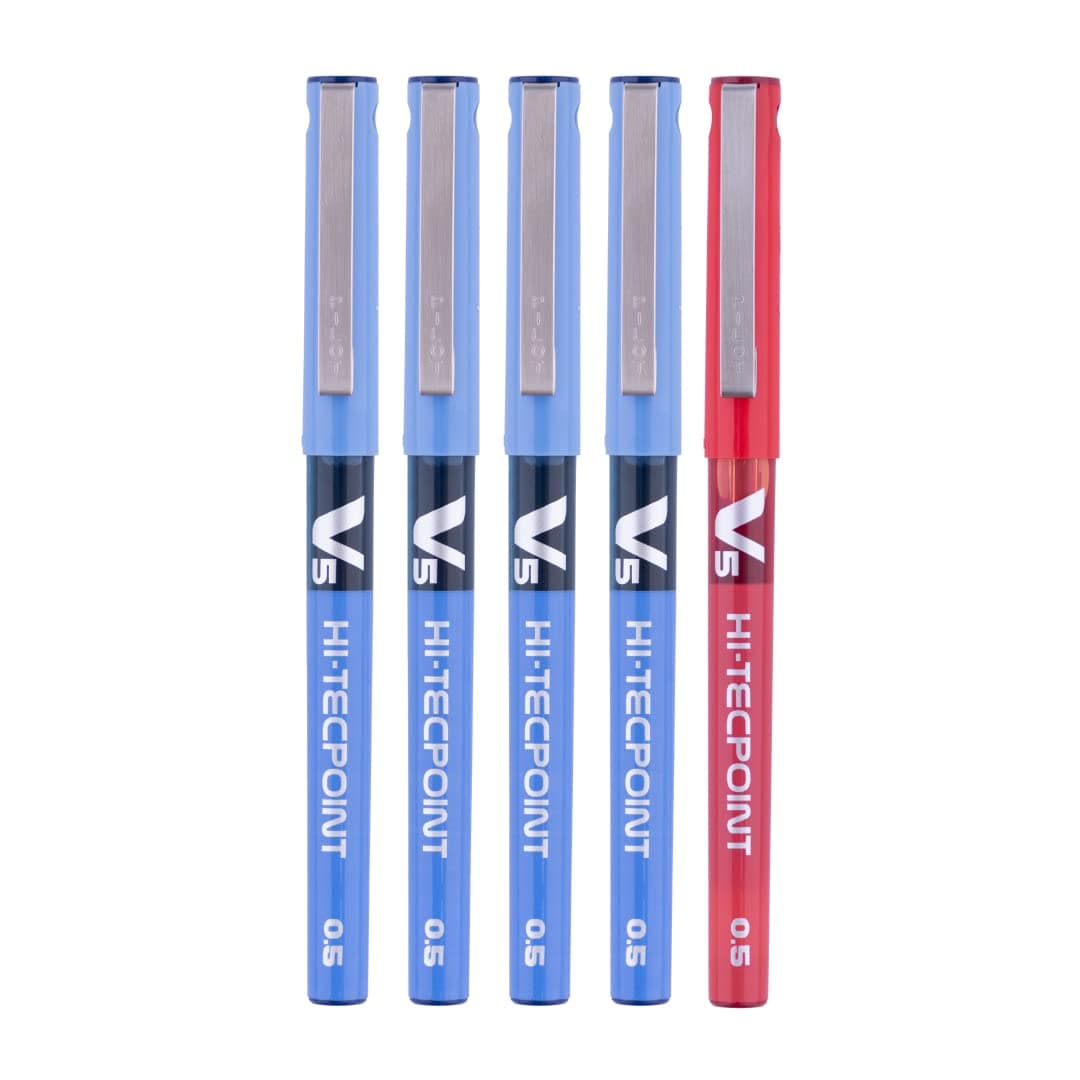 Pilot Hi-Tecpoint V5 0.5mm Extra Fine Point Pure Liquid Ink Roller Ball Pen | Pack Of 5 (4 Blue + 1 Red)