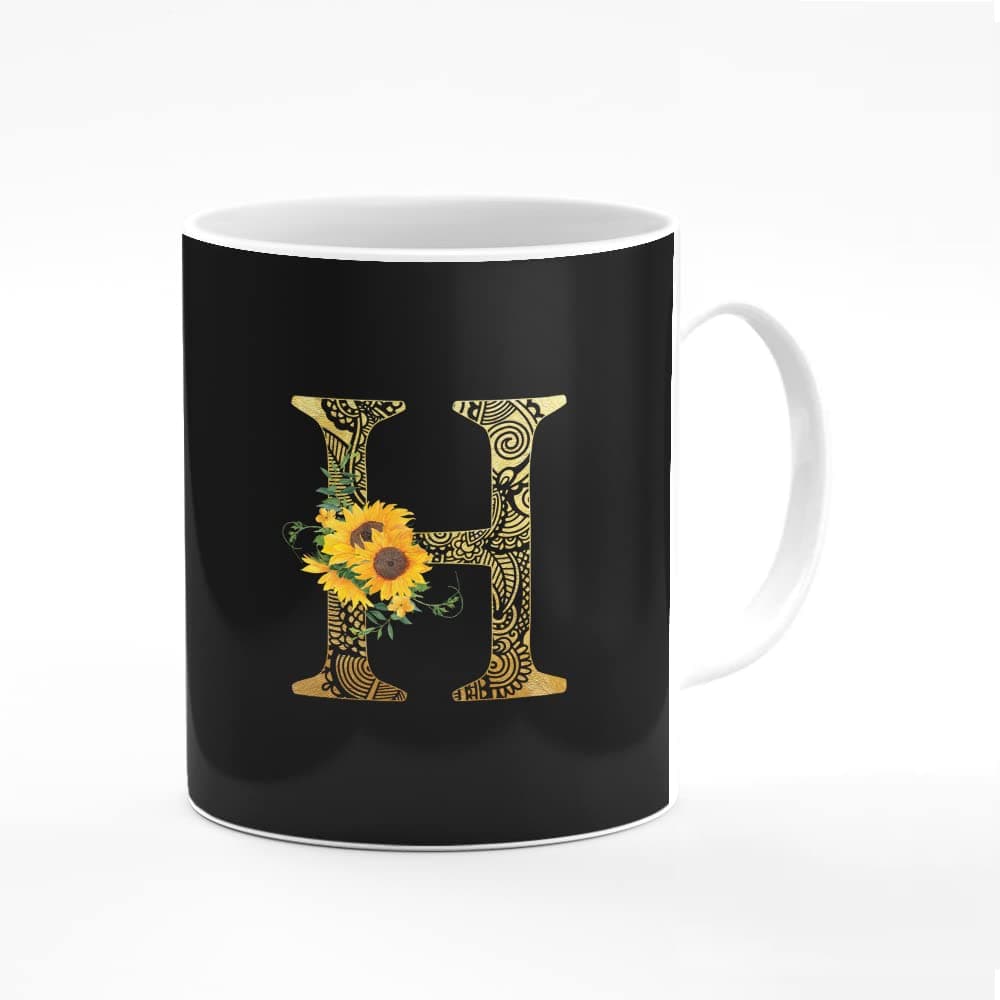 Stylizedd Designer Printed Coffee Mug 11oz Ceramic Personalised Gift Mugs Cup -Custom Monogram Initial Letter Mandala Floral Pattern Alphabet - H (Black)