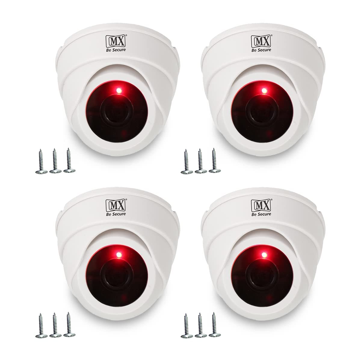 MX Dummy CCTV Dome Camera with Flashing Red LED Light Battery Operated Fake Surveillance Camera for Home, Office, Shop & Warehouse | Non Functional No Audio No Video | Easy Mount (Pack of 4)