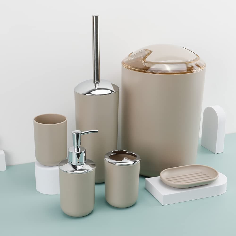 Bathroom Accessories Set 6 Piece Bath Ensemble Includes Soap Dispenser, Toothbrush Holder, Tumbler, Soap Dish for Decorative Countertop and Housewarming Gift (Beige)
