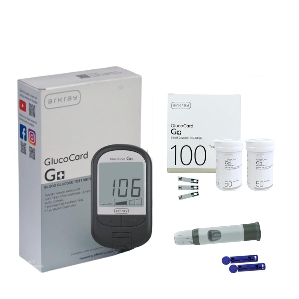 ARKRAY Glucocard G+ Advance Glucometer Machine | Blood Sugar Testing Kit for Diabetes | FREE 100 Test Strips + 25 Lancets | Auto Coding | Accurate Blood Glucose Monitor for Home Use