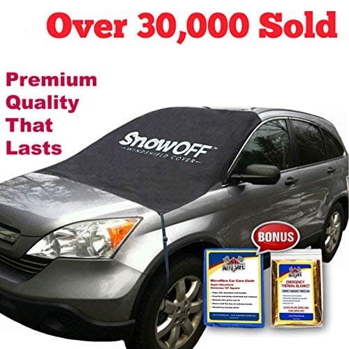 SnowOFF CAR Windscreen Snow Cover – Sun Shade Protector - WINDPROOF Straps, Wings, Suction Cups, Magnets - BONUS Demist Cloth + Blanket - Ice Rain Frost Windshield De-Icer Winter Weather Bonnet Cover