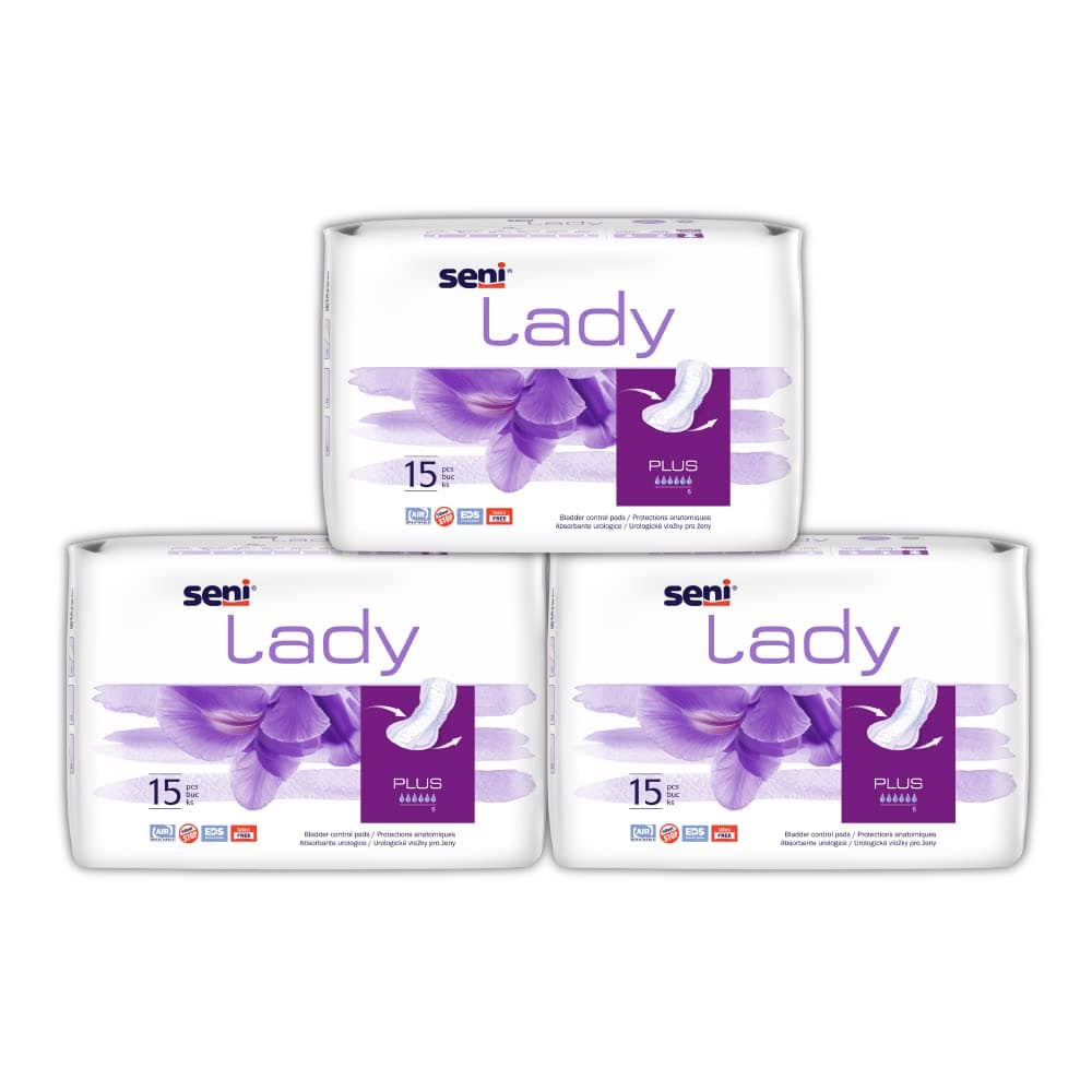 Seni Lady Plus Bladder Control Pads | Moderate Incontinence | Highly Absorbent, Skin Friendly | Size 420 mm | Pack of 3 | 15 Pcs Each