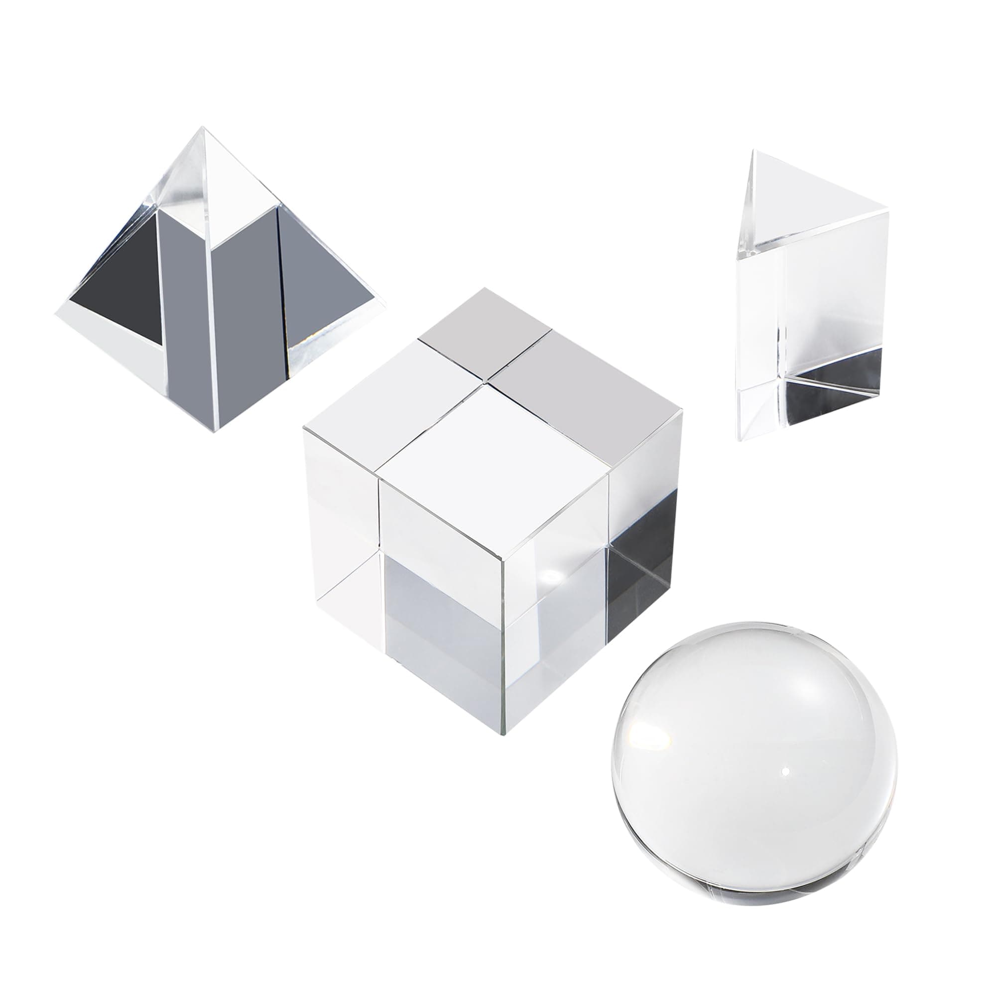 Optical Crystal Photography Prism Set - 4 Pack with 50mm Crystal Ball, Cube, Triangular Prism, Optical Pyramid, Wiper Cloth and Box - Teaching Accessory