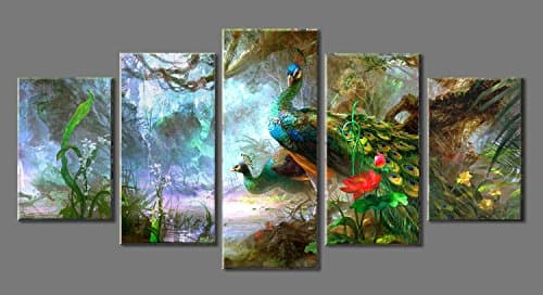 Canvas Prints Wall Art Blue Peacock Stretched and Framed Ready to Hang, 5 Panels Canvas Print Peacock Landscape Canvas Art for Home Decoration- P5LA0014
