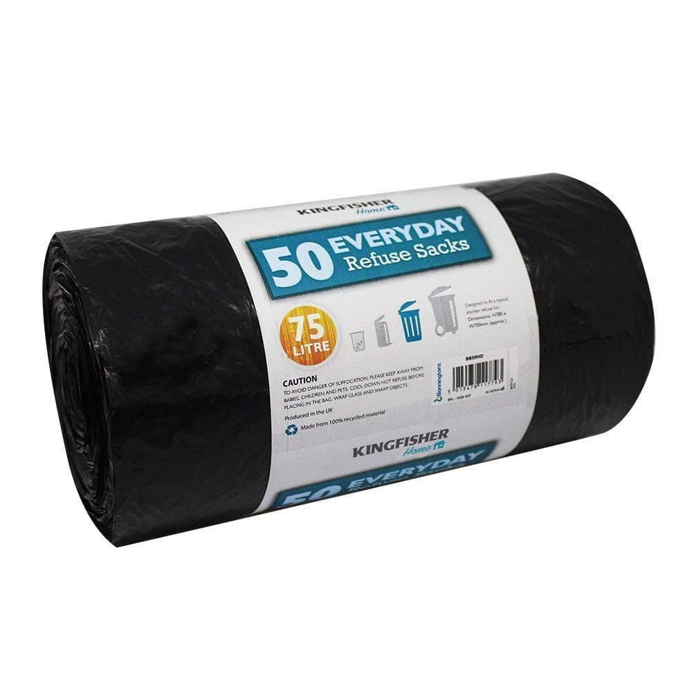 BB50HD 75 Litre Everyday Dustbin Bin Bag Liners/Refuse Sacks Black (50 Bags)