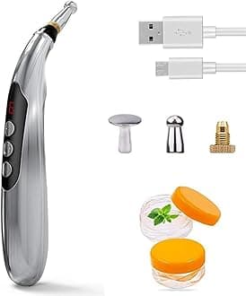 Winnes Acupuncture Pen Electronic Accupressure Pen, USB Rechargeable Pain Relief Electric Meridians Energy Pen Massager Pen Pain Relief Massage Tool with 3 Massage Heads & 2 Massage Gel