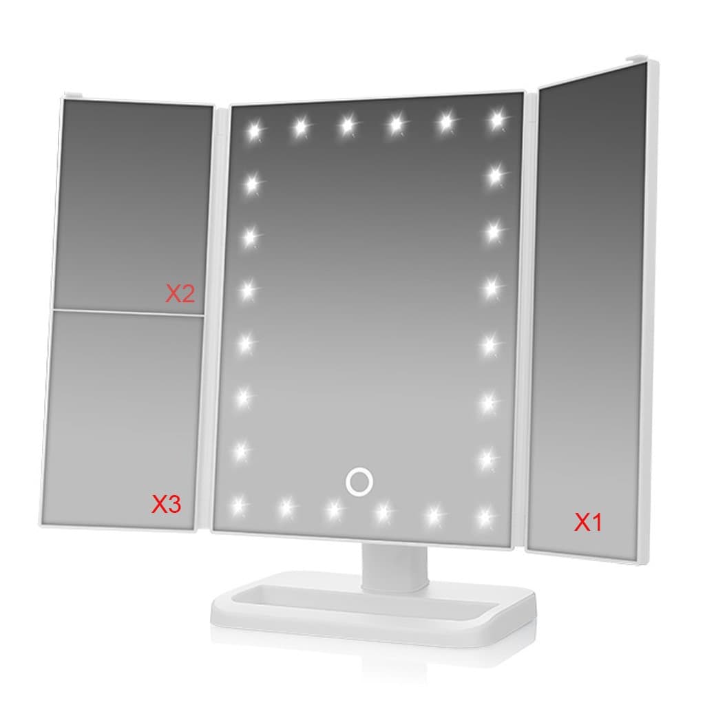 TVictory 3rd Gen Tri-Fold Lighted Mirror with 24 LEDs Lights for Makeup Vanity Cosmetic, Touch Screen and 3X/2X/1X Magnification, 180 Degree Free Rotation, 2 Power Supply Options, White