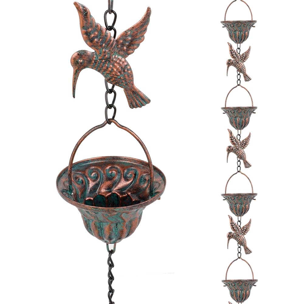 Rain Chain for Gutters, 8.7 Ft Rain Chains with 12 Cups & Detachable Hummingbird Decor, Adjustable Rain Catcher Chain with Bell for Eaves Drainage, Replacement for Downspout