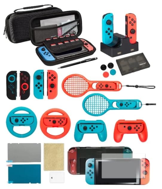 Switch Accessories Bundle Prestige Edition for Nintendo Switch – Travel Storage Case with Screen Protectors, TPU Cases, Steering Wheels, Joy-Con Handle, Rackets – Portable Gaming Set by EVORETRO