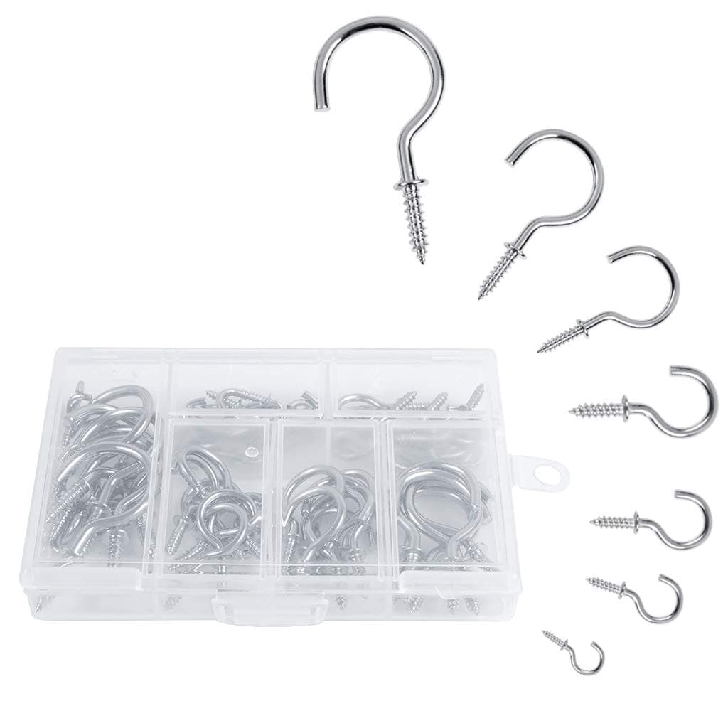 60PCS Screw Hooks, Cup Hooks Heavy Duty, Small Hanging Hooks, Drop Ceiling Hooks Screw for Hanging Plants, Cups, Kitchen Cabinet Shelf, 7 Sizes (Silver)