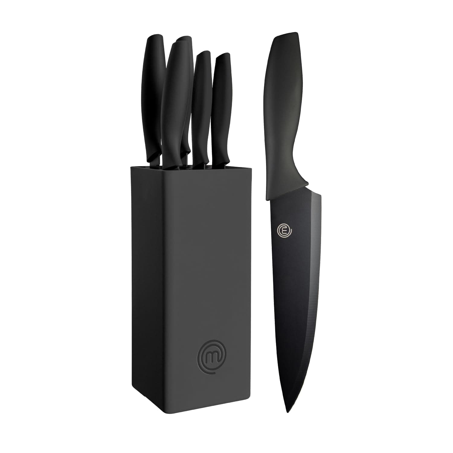 Knife Set with Block, 5 Kitchen Knives with Sharp Stainless Steel Blades (Chef, Paring, Utility, Carving, Bread) Soft Touch Easy Grip Handles & Universal Knife Holder, Essential Black